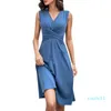 Casual Dresses Women Elegant Evening V-Neck Sleeveless Folding Solid Waisted Dress 2023