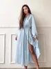 Women's Sleepwear Hiloc Blue Satin Robes For Women Nightdress Lantern Long Sleeve Night Dress Bathrobe 2023 Autumn Robe