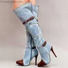 Stivali Vendita calda-Stivali sopra il ginocchio donna autunno inverno denim tacchi alti scarpe da donna sexy cinturino con fibbia piattaforma stivali lunghi stivali alti alla coscia Z230726