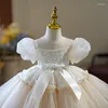 Vestidos de menina Branco Vestido de princesa Casamento Meninas Desempenho Festa Vestido de Baile de Natal Requintado Organza Traje de Renda com Laço Crianças