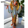 Podstawowe sukienki swobodne seksowne bech wysokiej jakości ręcznie się obracane samopoczucie Silk Rayon Fashion Print Winii Maxi Damskie szaty Long Beach V-Neck Bohemian Sukienka 230726