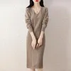 Pulls femme M-XXL laine mérinos robe pull mode élégant couleur unie tricoté Long col en v pur pull