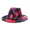 Berretti 2023 Cappelli colorati per le donne Fashion Flat Wide Brim Panama Feltro di lana Jazz Fedora Uomo Tie-dye Color Hat Cap