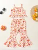 Ensembles de vêtements enfant en bas âge bébé fille vêtements Floral bas de cloche tenue bretelles spaghetti à volants débardeurs côtelés pantalon évasé ensemble (Orange 2-3