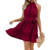 lu Lady Elegant Dress Summer Sleeveless Halter Waist lace-up Hem Ruffle Party Dress