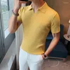 Men's Polos British Style Summer Ice Silk Short Sleeve Knitted Polo Shirt Men Clothing Fashion Solid Color Contrasting Lapel Tee Top