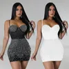 Sıradan Elbiseler Siyah Beyaz Kristal Rhinestones Kadınlar İçin Doğum Günü Lüks 2023 Sparkly Party Gece Kulübü Mini Kısa Vestido Blanco