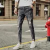 Summer Jeans Men's Fashion Casual Slim Byxor Solid Color Hole Denim Ankle Length Pants 210318 L230726