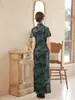 Ethnic Clothing Chinese Style Green Print Mandarin Collar Qipao Classic Women Satin Oriental Short Sleeve High Split Cheongsam