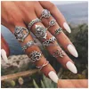 Cluster Ringe Antik Silber Knuckle Ring Set Elefant Blume Krone Stapeln Frauen Midi Modeschmuck Will und Sandy Geschenk Tropfen liefern Dhb7W