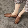 Dress Shoes Classic Women Pumps Mature Retro Style Office Ladies Thick High Heels Spring Autumn Genuine Leather Woman