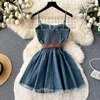 Casual Dresses Women's Dress Retro Temperament Bandage Bra Suspender Denim Blue Sexy Female Summer Pleated Mini Cowboy With Belt