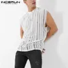 Mannen Mesh Gestreepte Tank Tops Mouwloos O Hals Streetwear Ademende Vesten Zomer Mode See Through Heren INCERUN 5XL 7 Men's322Q