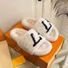 Med låda med Box Sherpa Alfabetdesignerskor Plush Autumn Winter Flat Sandals Solid Color Fuzzy Fluffy Slippers Women's Casual