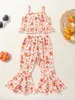 Ensembles de vêtements enfant en bas âge bébé fille vêtements Floral bas de cloche tenue bretelles spaghetti à volants débardeurs côtelés pantalon évasé ensemble (Orange 2-3