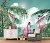 Bakgrundsbilder CJSIR Anpassad PO 3D Bakgrund Nordisk stil handmålad kokosnötverk Flamingo barn sovrum vägg tapeta