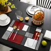 Mats Pads Deep Red Abstract Geometric Kitchen Dining Table Decor Accessories 4/6pcs Placemat Heat Resistant Linen Tableware Pads Mats 230725