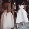 Little White Satin Short Evening Dresses Simple Ruched Backless Tea Length Formal Prom Dresses Party Gowns With Pocket336S