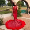 Sexy Mermaid Red Feather Prom Dresses with Train Sparkly Sequins Appliques Cut-out High Neck African Evening Party Gowns Vestidos