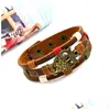 Bracelets De Charme Oiseau Hibou Mtilayer Bracelet En Cuir Bracelet Manchette Wrap Noir Marron Bouton Bracelet Réglable Pour Femmes Hommes Mode Jewe Dh8Rt