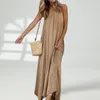 Casual Dresses Lady Maxi Dress Stylish Women's Sleeveless Round Neck Strappy Pleated Loose Solid Color Backless Soft Irregular Hem