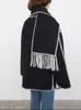 Women's Jacket Fringe Scarf Collar Coat Double sided Woolen Single Breasted Autumn Winter Loose Embroidery Trim Female Casual Jacket 230726