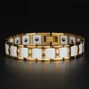 Bracelete de homem magnético de equilíbrio saudável brilhante cor de ouro pulseiras de aço inoxidável para mulheres pulseira de cerâmica preto/branco joias 230726