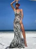 Set 2023 Sexy Zebra Pattern Spaghetti Strap Side Split Back Open Long Beach Dress Summer Women Beach Wear Swim Suit Cover Up A1144