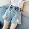 Shorts V-TREE Girls Denim Shorts Teenage Girl Summer Lace Pants Kids Bow Clothes Children Flowers Embroidery Jean Short For Teenager 230725