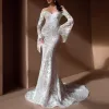 Sparkly white Mermaid Prom Dresses off shoulder Sequined Sweep Train Evening Gowns lace long sleeves Plus Size Pageant dress