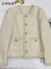 Womens Jassen CJFHJE Elegante Lente Herfst Ronde Hals Wollen Jassen Vrouwen Koreaanse Mode Office Lady Beige Chic Knop Korte Tweed Jas 230726