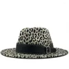 Berets 2023 Unisex Flat Brim Wool Felt Jazz Fedora Hats Men Women Leopard Grain Leather Band Decor Trilby Panama Formal