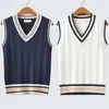 Men's Vests Sweater Vest Men Thicken V-neck Sleeveless Knitted Sweaters Striped Retro Preppy-style Simple Chic Loose Casual All-match