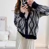 Autumn And Winter Korean Version Of The New V-neck Loose Patchwork Color Black And White Diamond Lattice Lazy Wind Knit Sweater Cardigan Coat