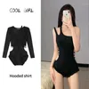 Women's Swimwear Black Swimsuit Summer One Piece South Korean Covers The Belly Shows Thin Sexy Hollow Out Small Breast Off Shoulder