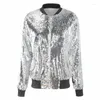 Giacche da donna Giacca Bomber con paillettes Cerniera Manica lunga Scollo a V Capispalla Capispalla da baseball casual nero oro Donna