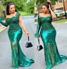 Plus Size Arabo Aso Ebi Verde Sirena Abiti da ballo con paillettes Pizzo con perline Sheer Neck Evening Formal Party Ricevimento Abiti da damigella d'onore