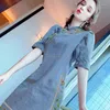 Ethnic Clothing 2023 Chinese Style Traditional Improved Qipao Dress Women Denim Oriental Stand Up Collar Daily Cheongsam