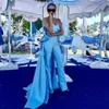 Macacão de formatura azul celeste com trem 2020 mancha fosca sem alças drapeado peplum árabe Dubai ocasião vestidos de noite calça terno3226