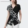 Womens Blouses Shirts Fashionable Thin Female Shirt Spliced Printed Slim VNeck Ladies Top Short Sleeved Temperament Elegant Women Summer 230726