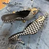 Leather satin sandals top luxury designer shoes sexy women pointy high heels fashion printed half slipper classic bow plaid dress shoes summer new rivet casual shoes
