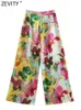 Spodnie damskie Capris Zevity Women Vintage Ink Maluce Floral Print Casual szeroko nóg spodnie Kobiece Chic Fly Fly Long Spodery Pantalones Mjer P1840 230726