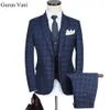 Herrenanzüge Blazer DHL Blau Kariertes Fischgrätenmuster Retro Gentleman-Stil Maßgeschneiderte Schneideranzug-Blazer für Männer 3 Stück214q