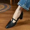 Dress Shoes Women's Simple Retro Cozy Med Heels Cowhide PumpsSpring Autumn Buckle Pumps Korea Elegant On Heel 5 CM French Style