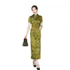 Ethnic Clothing Elegant Green Floral Print Qipao Dress Modern Chinese Traditional Women Cheongsam Vestidos