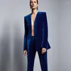 Kvinnors tvådelar Pants Royal Blue Velvet Jacket Formell elegant kostym Kvinnlig affärsfit Office Uniform 2 Anpassning