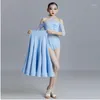 Scenkläder 2023 Ballroom Dance Dress Blue Competition Costume Spets Halter Bodysuit Kjol Girls Tango Waltz Performance Clothes