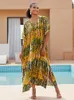 Women's Swimwear EDOLYNSA Striped Printed Kaftan Dress V-neck Elegant Caftan Robe Summer Vacation Outfit African Kaftans Wedding Guest Wear