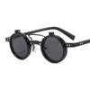 Óculos de sol 23 armação redonda punk camada dupla flip para homens e mulheres tendência de motocicleta personalizada