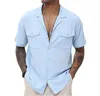Men's Casual Shirts Short-sleeved Cotton Solid Vee-Neck Personality Summer Fashionable Turn-down Collar Chic Menswear 2023 Clothing